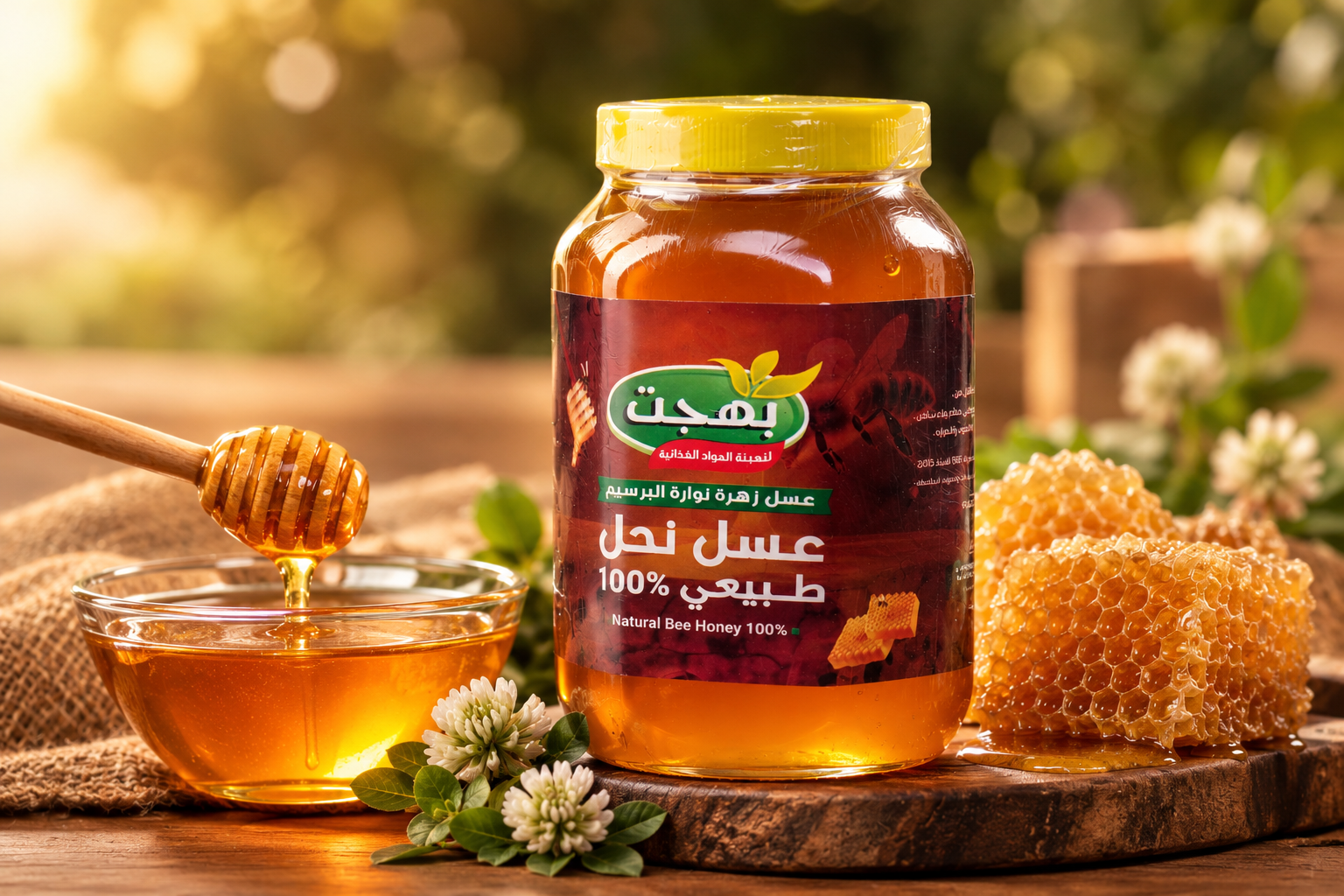 Miel naturel de trèfle d’Alexandrie (berseem) parmi les ruches et les fleurs à Bahgat Farms